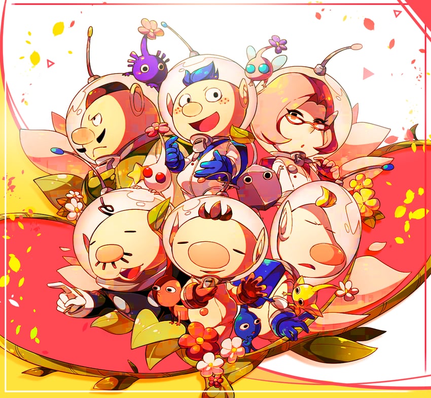red pikmin, olimar, yellow pikmin, blue pikmin, purple pikmin, and 8 more (pikmin) drawn by shirushiki