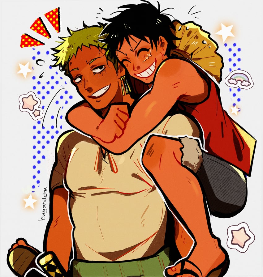 monkey d. luffy and roronoa zoro (one piece) drawn by huyandere
