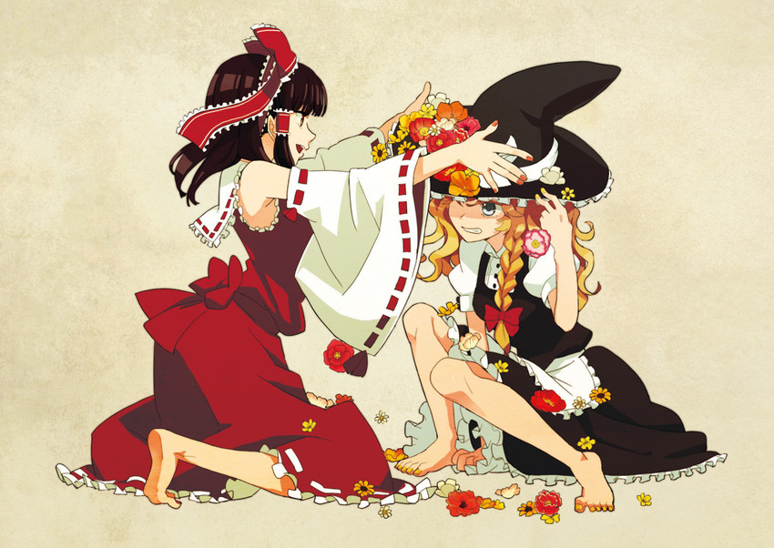 hakurei reimu and kirisame marisa (touhou) drawn by nishikiori