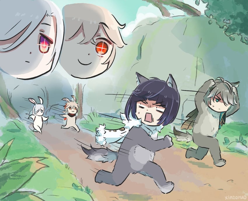 shenhe, yelan, kaedehara kazuha, and alhaitham (genshin impact) drawn by xinzoruo