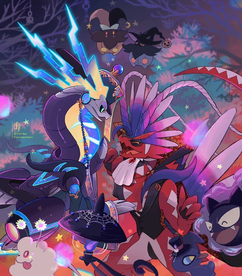 gastly, koraidon, pumpkaboo, miraidon, lampent, and 2 more (pokemon) drawn by chikafuji