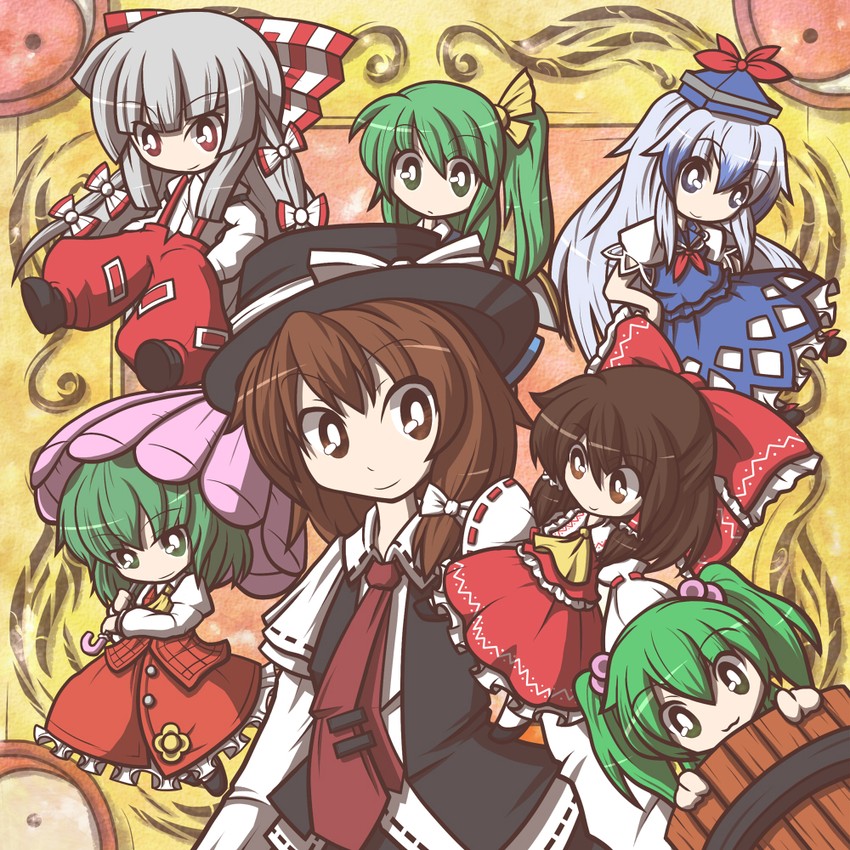 hakurei reimu, fujiwara no mokou, kazami yuuka, kamishirasawa keine, daiyousei, and 2 more (touhou and 1 more) drawn by fushigi_ebi