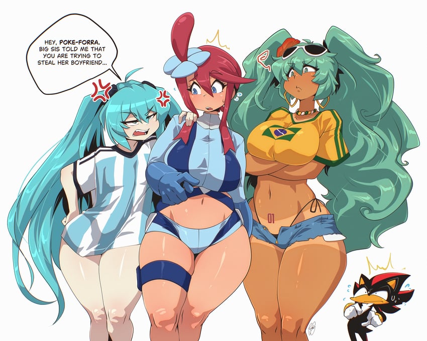 hatsune miku, shadow the hedgehog, skyla, brazilian miku, and argentinian miku (pokemon and 4 more) drawn by ryou_sakai