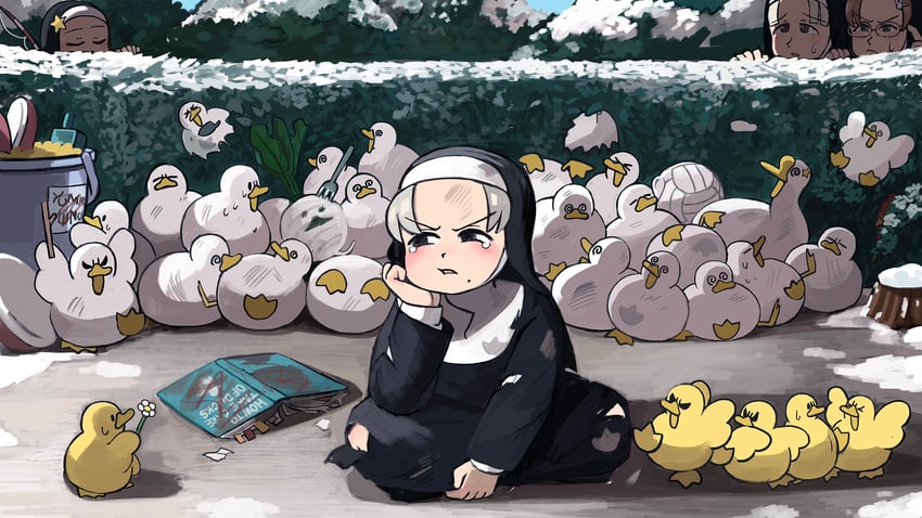 star nun, smug nun, parted grey nun, and glasses nun's aunt (little nuns) drawn by diva_(hyxpk)
