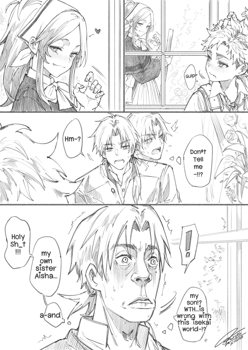 rudeus greyrat, aisha greyrat, and ars greyrat (mushoku tensei) drawn by fkscrashing
