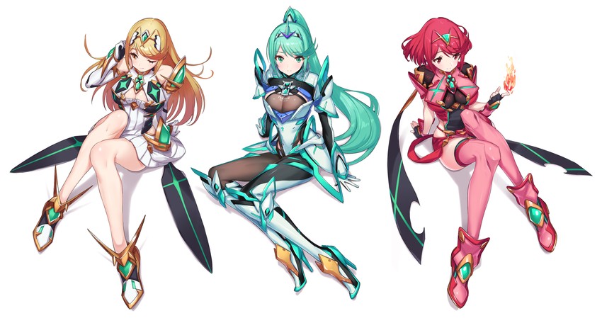 pyra, mythra, and pneuma (xenoblade chronicles and 1 more) drawn by green322