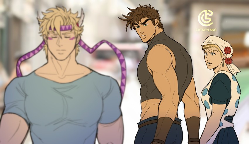 joseph joestar, caesar anthonio zeppeli, and suzi q (jojo no kimyou na bouken and 1 more) drawn by catneylang