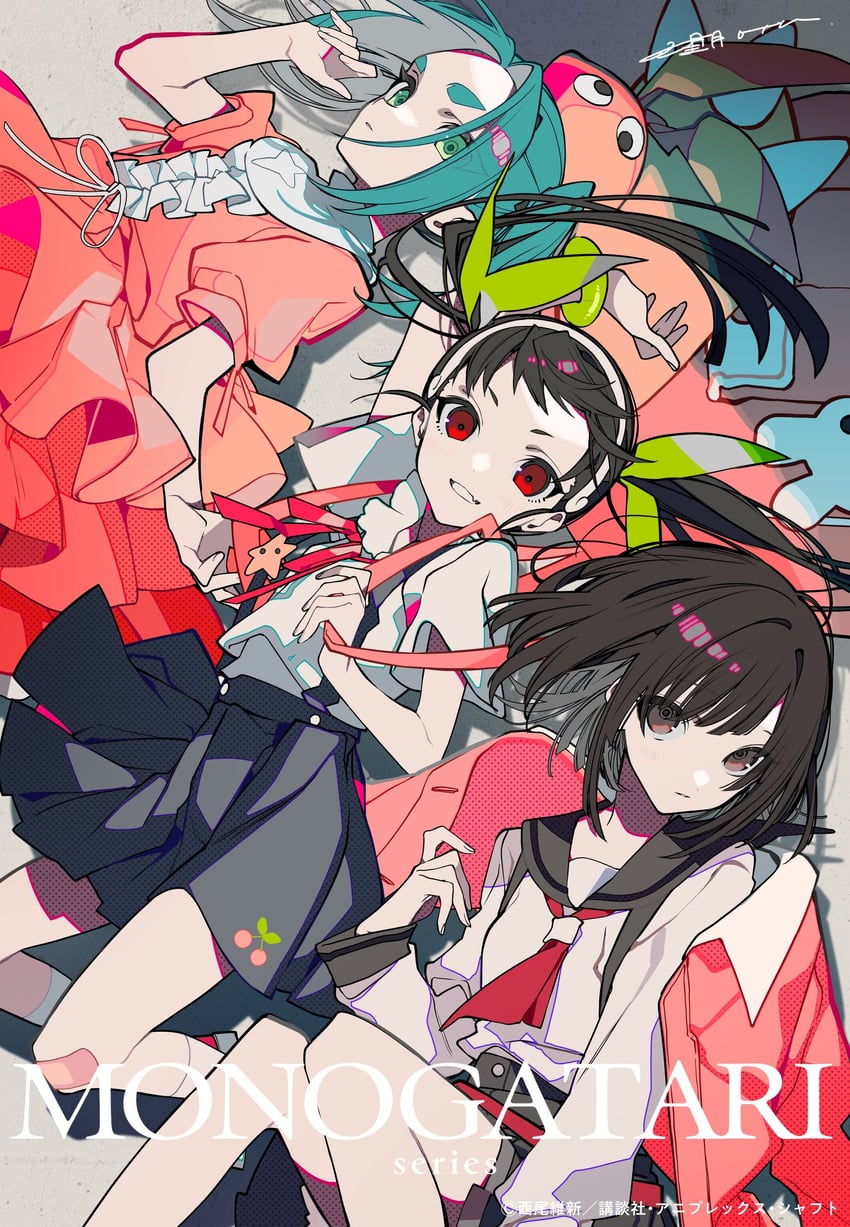 sengoku nadeko, hachikuji mayoi, and ononoki yotsugi (monogatari) drawn by mochizuki_kei