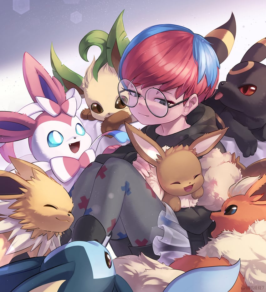 eevee, sylveon, umbreon, leafeon, flareon, and 2 more (pokemon and 1 more) drawn by hoishere7