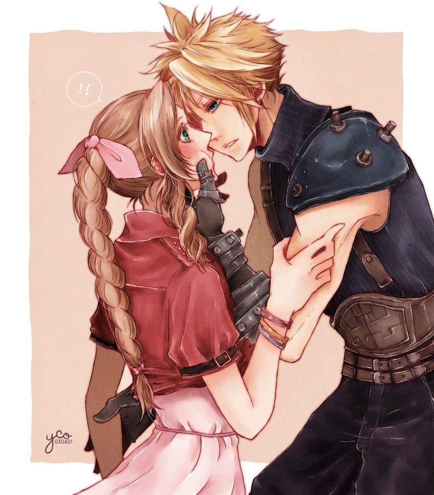 cloud strife and aerith gainsborough (final fantasy and 2 more) drawn by yco_030601