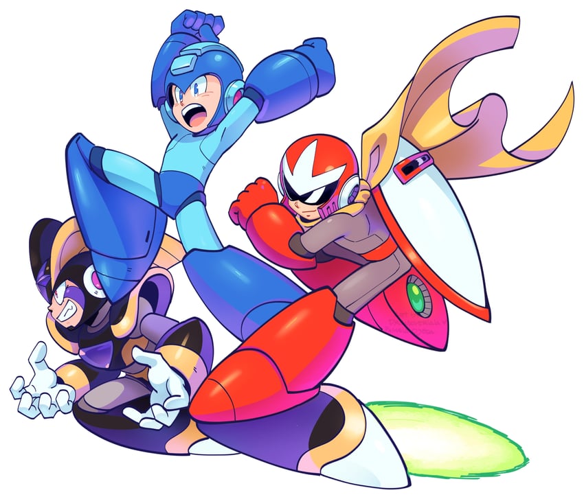 mega man, proto man, and bass (mega man and 1 more) drawn by drawloverlala