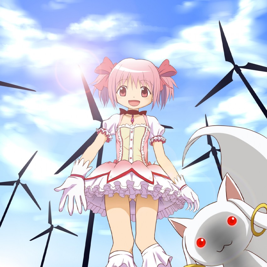 kaname madoka and kyubey (mahou shoujo madoka magica) drawn by oki_(oksam)