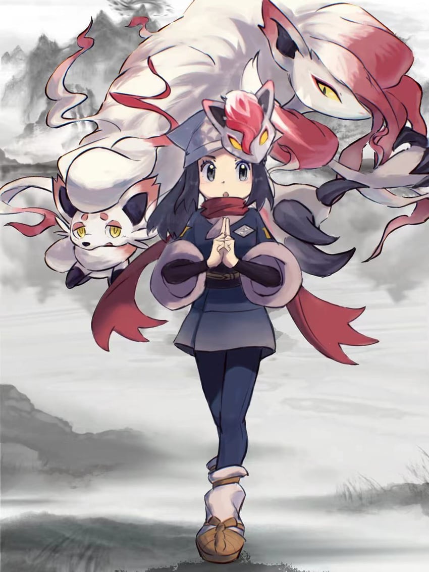 akari, hisuian zorua, and hisuian zoroark (pokemon and 1 more) drawn by arc_draws