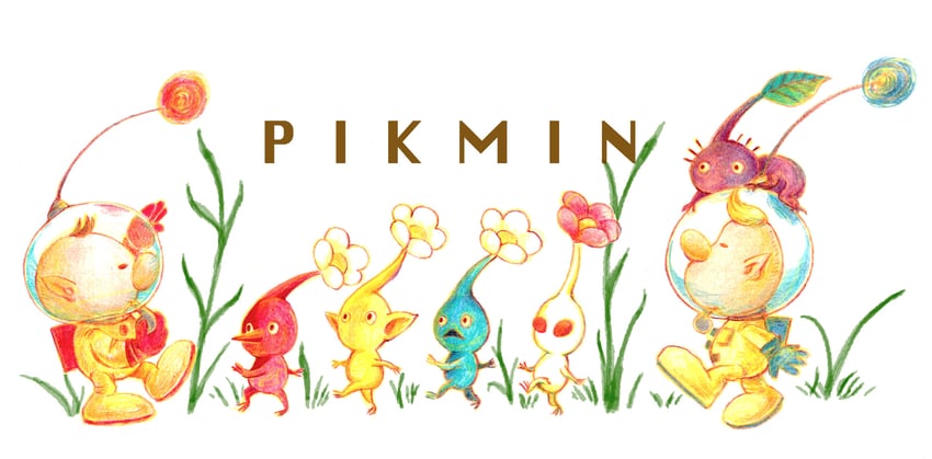 red pikmin, olimar, yellow pikmin, blue pikmin, purple pikmin, and 2 more (pikmin) drawn by taoyaka