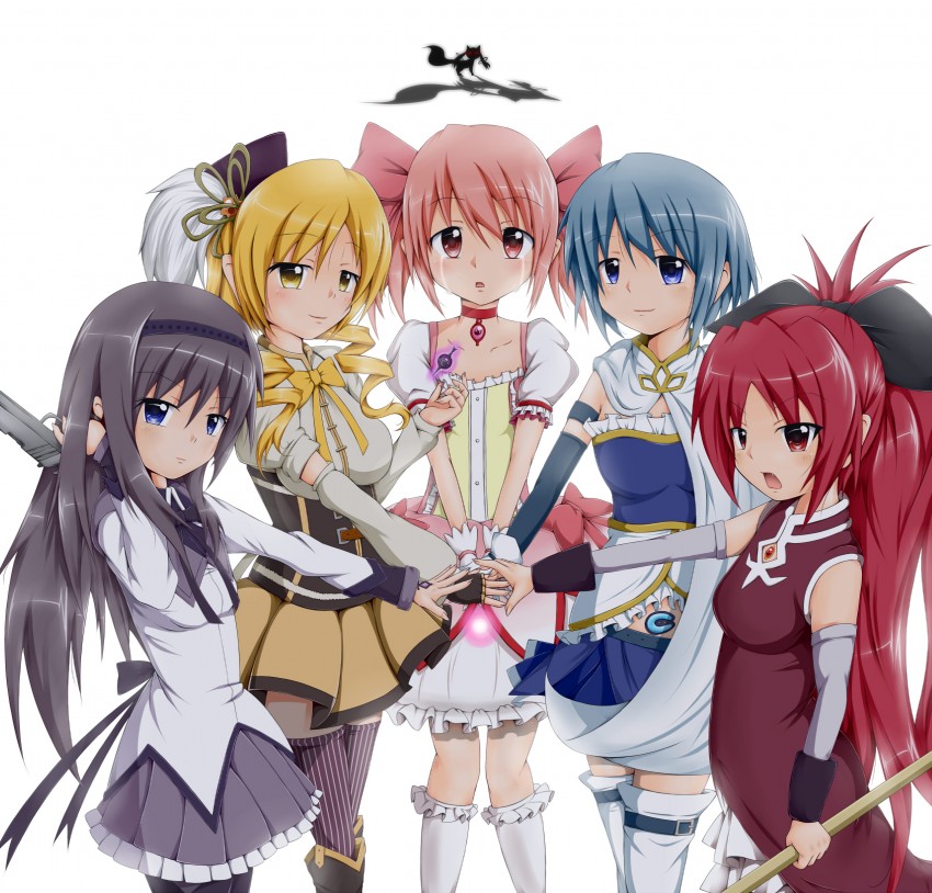 akemi homura, kaname madoka, miki sayaka, sakura kyoko, tomoe mami, and 1 more (mahou shoujo madoka magica) drawn by yopparai_oni