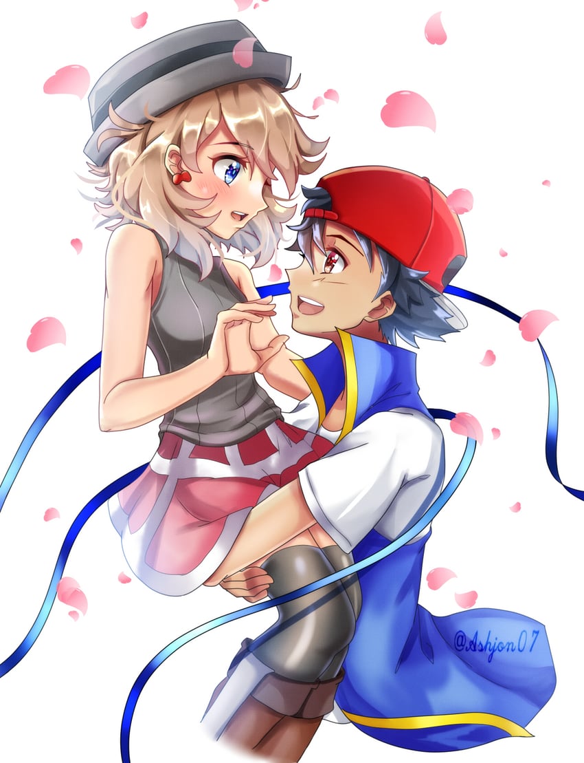 ash ketchum and serena (pokemon and 1 more) drawn by ashujou