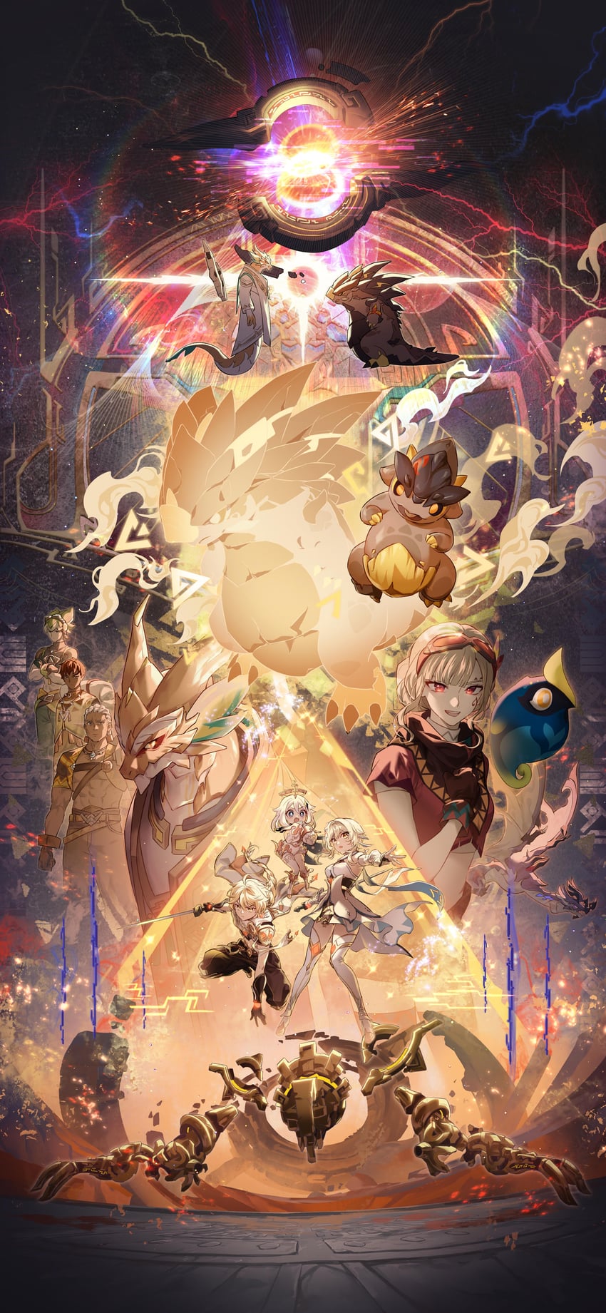 lumine, aether, paimon, tepetlisaurus, little one, and 7 more (genshin impact) drawn by sakon04