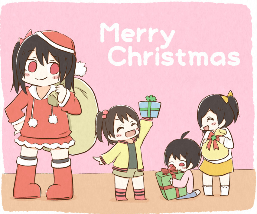 yazawa nico, santa claus, yazawa cotaro, yazawa cocoro, and yazawa cocoa (love live! and 1 more) drawn by butch-tan