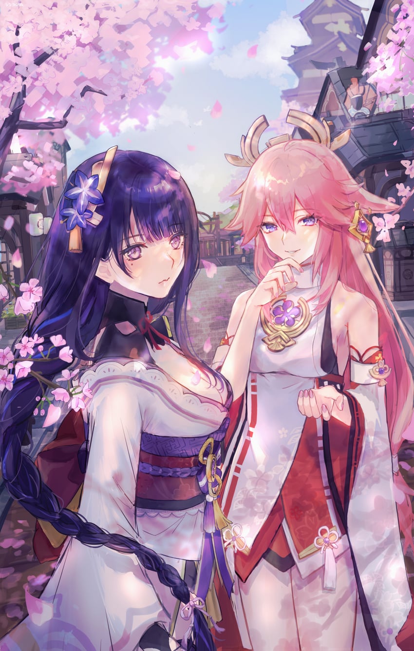 raiden shogun and yae miko (genshin impact) drawn by shitsusan