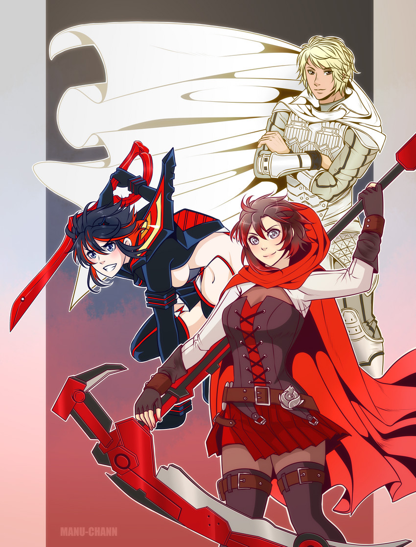 matoi ryuuko, senketsu, ruby rose, and kazuraba kouta (kill la kill and 3 more) drawn by manu-chann