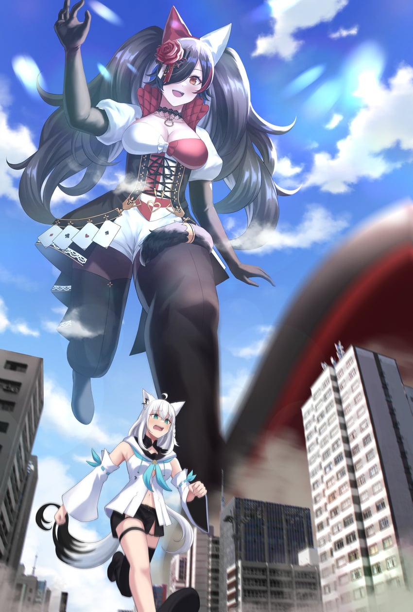 shirakami fubuki and ookami mio (hololive) drawn by numaguro_(tomokun0808)