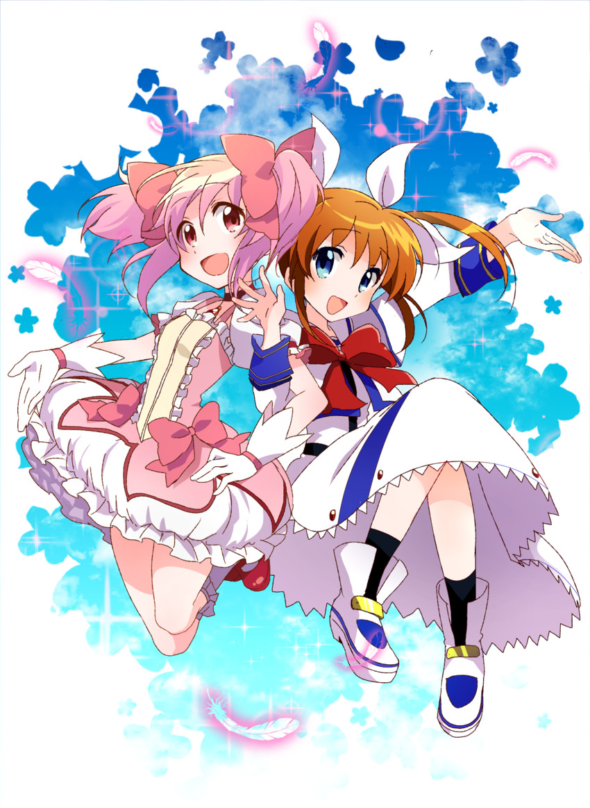kaname madoka and takamachi nanoha (mahou shoujo madoka magica and 2 more) drawn by chabashira_(otya)