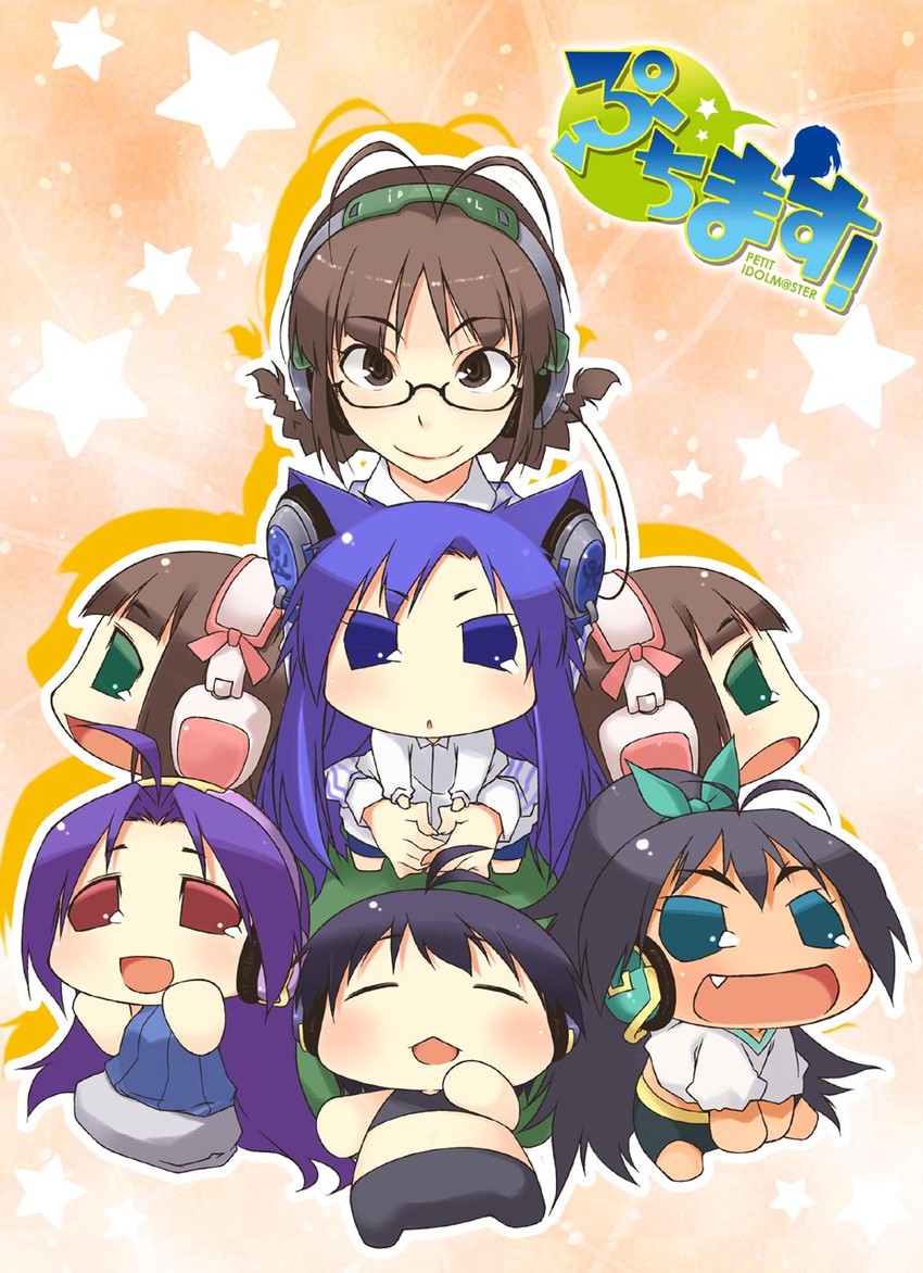 akizuki ritsuko, chihyaa, haruka-san, makochii, chibiki, and 1 more (idolmaster and 1 more) drawn by akane_yuki