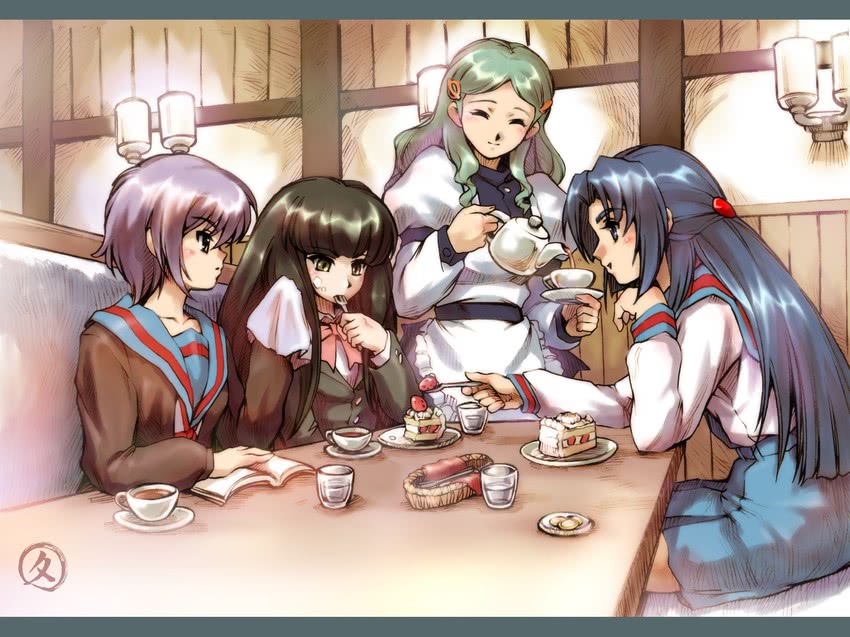 nagato yuki, asakura ryoko, kimidori emiri, and suou kuyou (suzumiya haruhi no yuuutsu) drawn by hisahiko