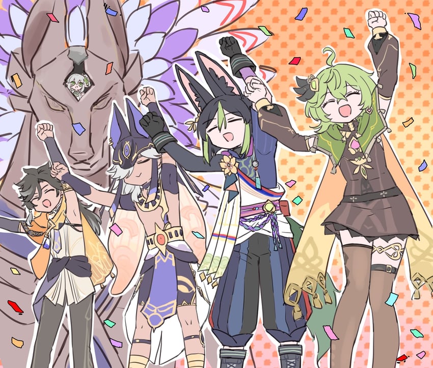 nahida, tighnari, cyno, collei, and sethos (genshin impact and 1 more) drawn by himeko_(nico6v6pachi)