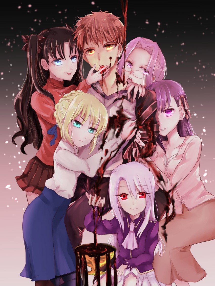 artoria pendragon, saber, tohsaka rin, illyasviel von einzbern, emiya shirou, and 2 more (fate and 2 more) drawn by muturisuke