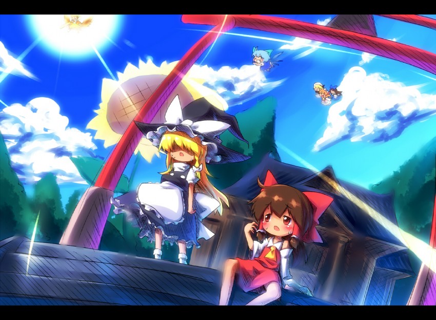 hakurei reimu, kirisame marisa, cirno, reiuji utsuho, star sapphire, and 2 more (touhou) drawn by ayakashi_(monkeypanch)