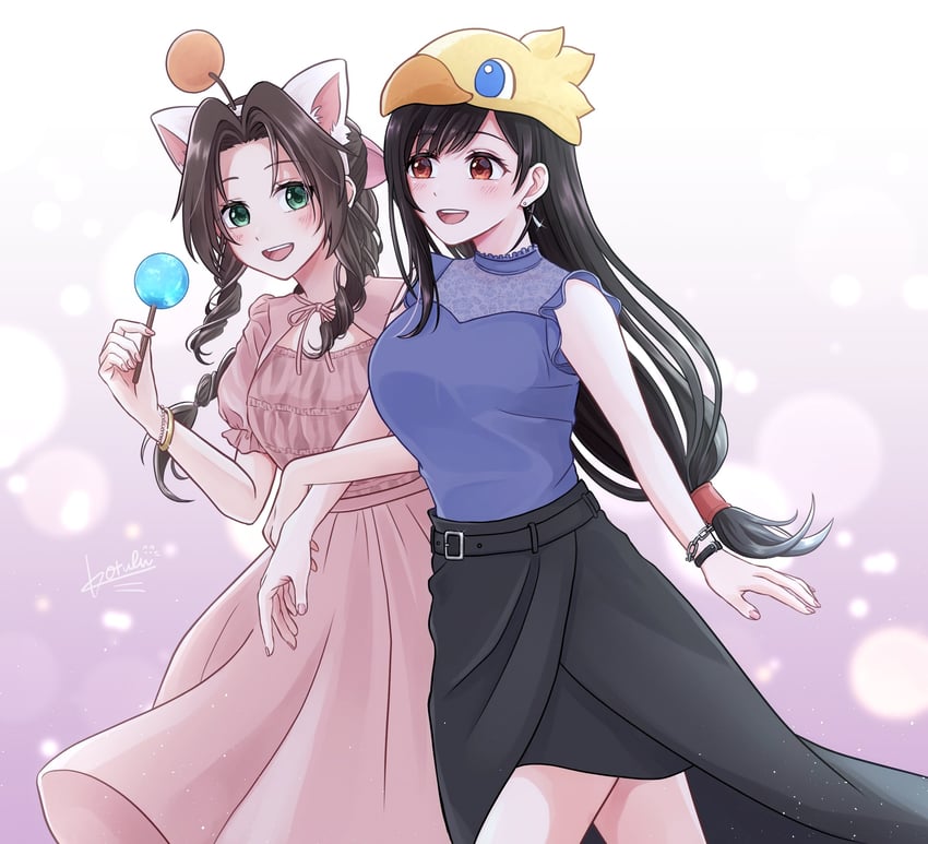 tifa lockhart, aerith gainsborough, and moogle (final fantasy and 2 more) drawn by kt9_ct