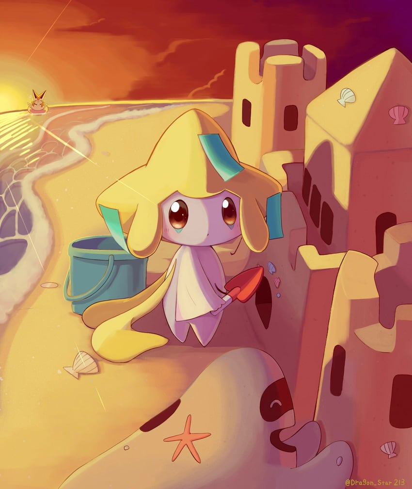jirachi, victini, sandygast, and palossand (pokemon) drawn by dragon_star213