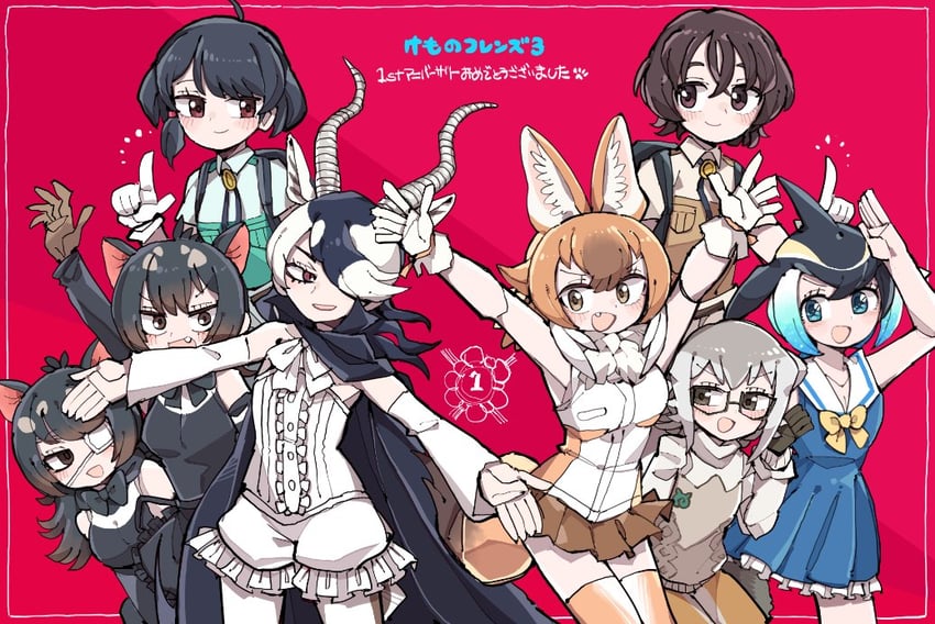 captain, dhole, common dolphin, meerkat, australian devil, and 2 more (kemono friends and 1 more) drawn by kanmoku-san