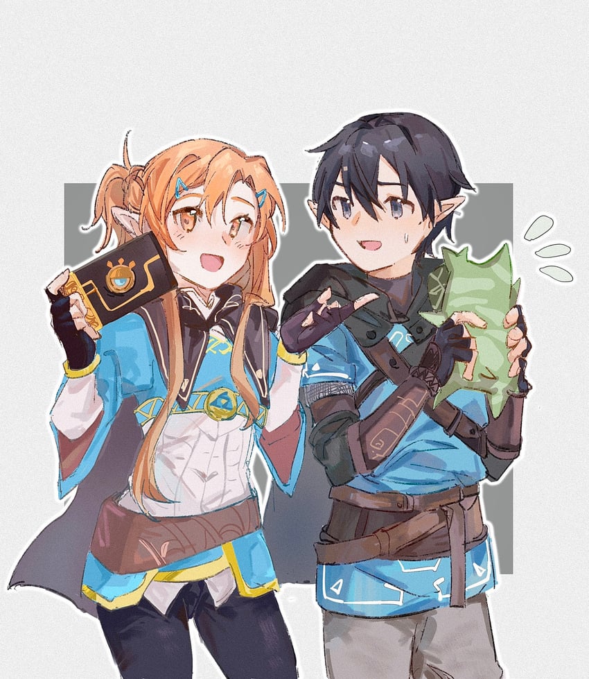 link, princess zelda, asuna, kirito, korok, and 1 more (the legend of zelda and 2 more) drawn by onori821