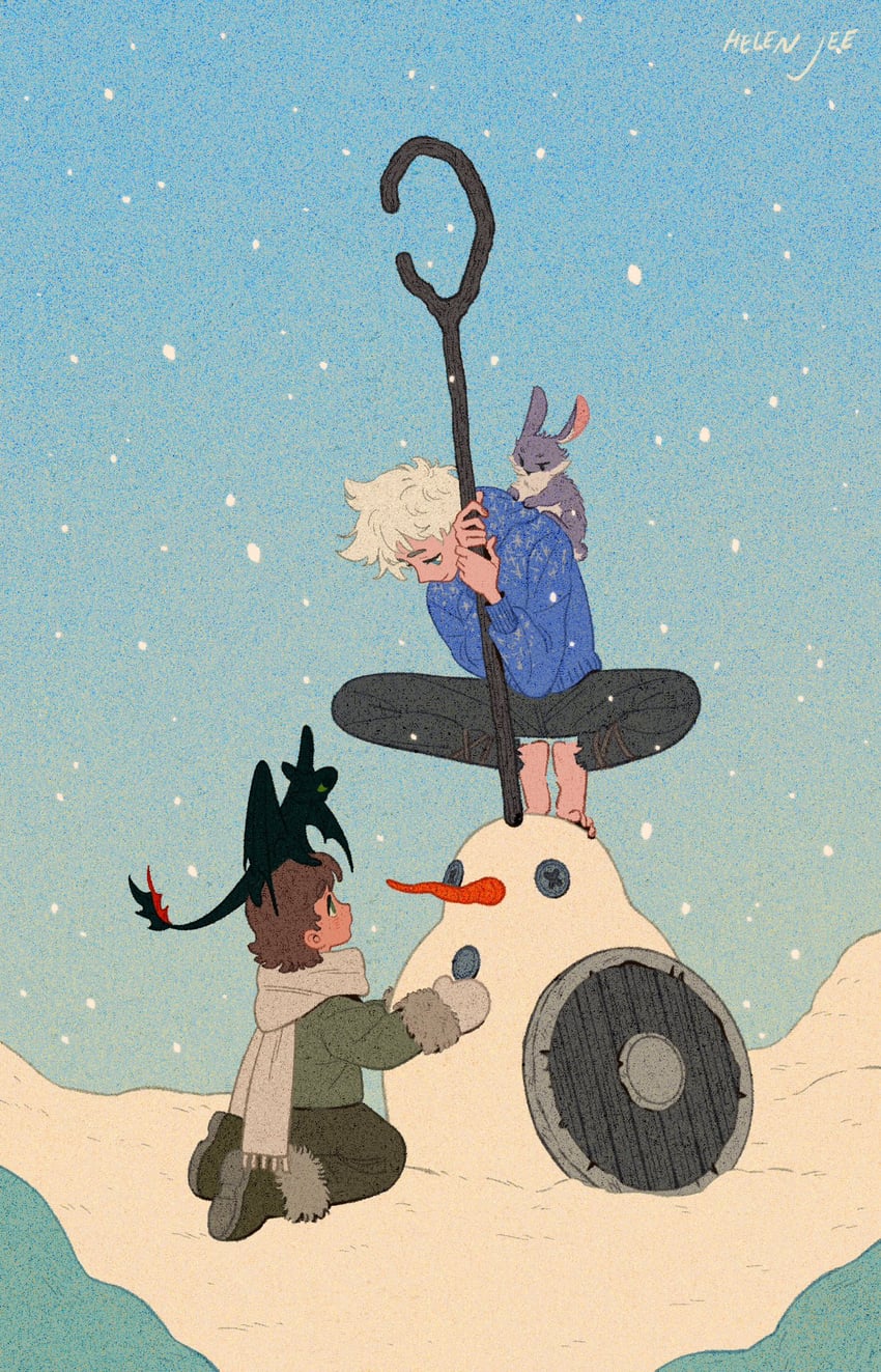 toothless, hiccup horrendous haddock iii, jack frost, and e. aster bunnymund (how to train your dragon and 1 more) drawn by helen_jee