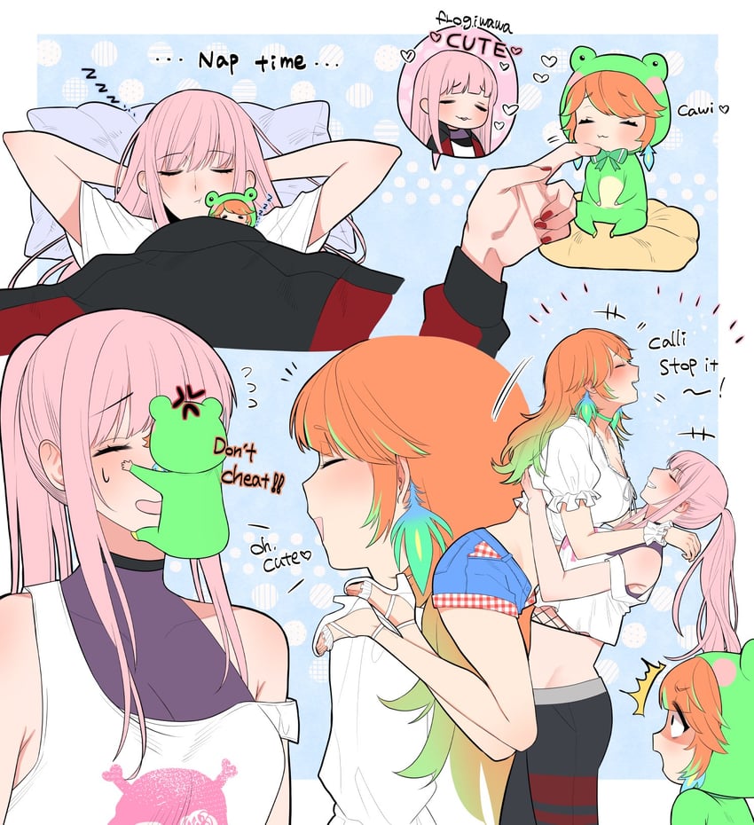 mori calliope, takanashi kiara, and frogiwawa (hololive and 1 more) drawn by miyamoto_(dominocube6)