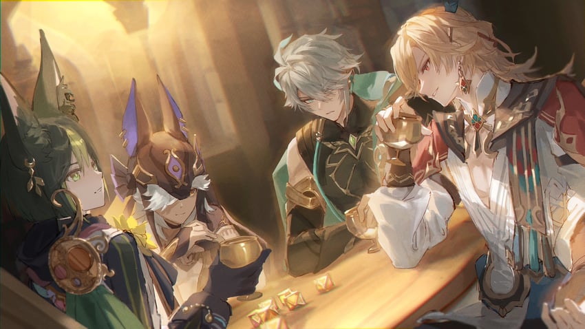 alhaitham, tighnari, kaveh, and cyno (genshin impact) drawn by taisyoo