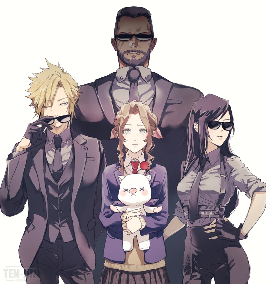 tifa lockhart, cloud strife, aerith gainsborough, moogle, and barret wallace (final fantasy and 1 more) drawn by demi_co