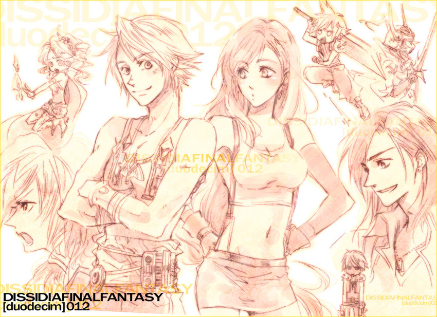 tifa lockhart, cloud strife, terra branford, squall leonhart, lightning farron, and 3 more (final fantasy and 8 more) drawn by sen'ichi_(wave)