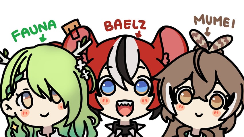nanashi mumei, hakos baelz, and ceres fauna (hololive and 1 more) drawn by nanashi_mumei_(artist)