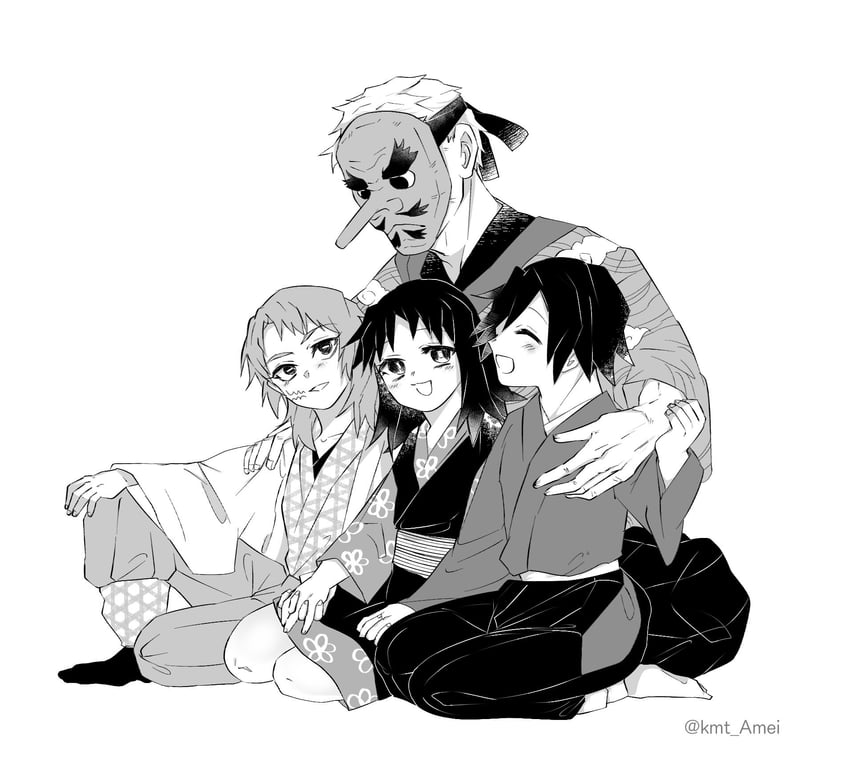 tomioka giyuu, sabito, makomo, and urokodaki sakonji (kimetsu no yaiba) drawn by kmt_amei