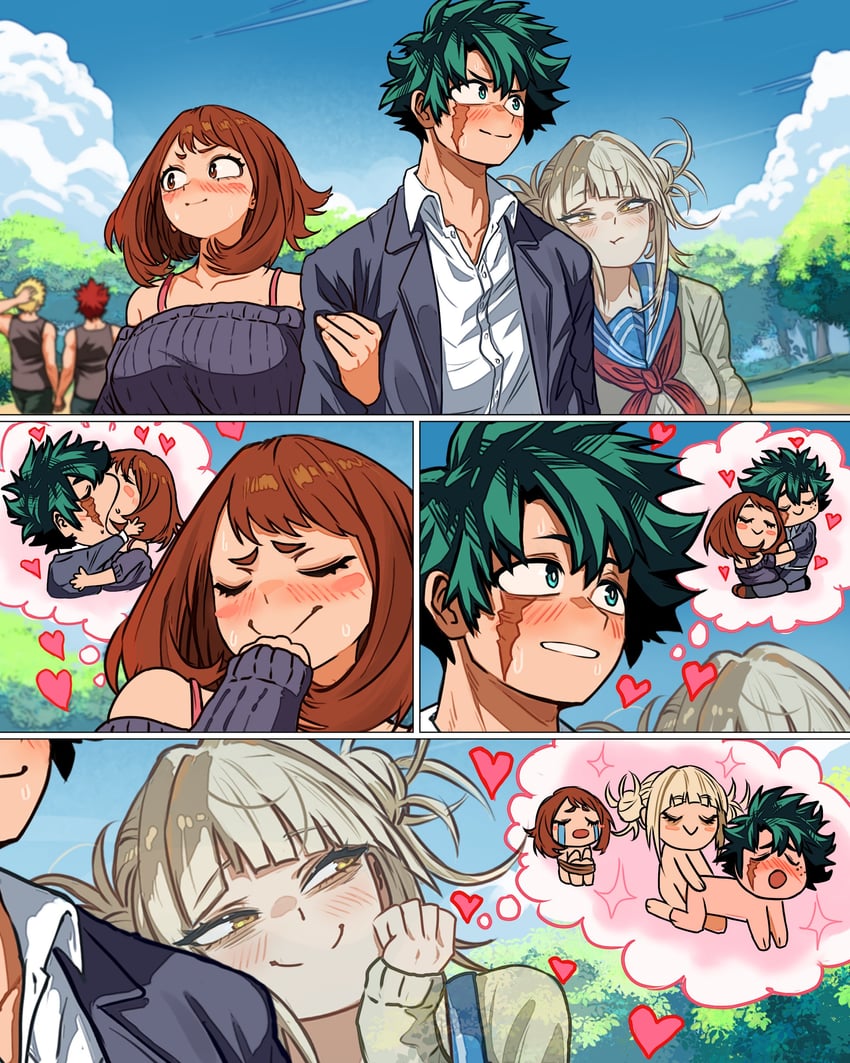midoriya izuku, bakugou katsuki, uraraka ochaco, toga himiko, and kirishima eijiro (boku no hero academia) drawn by vlizz