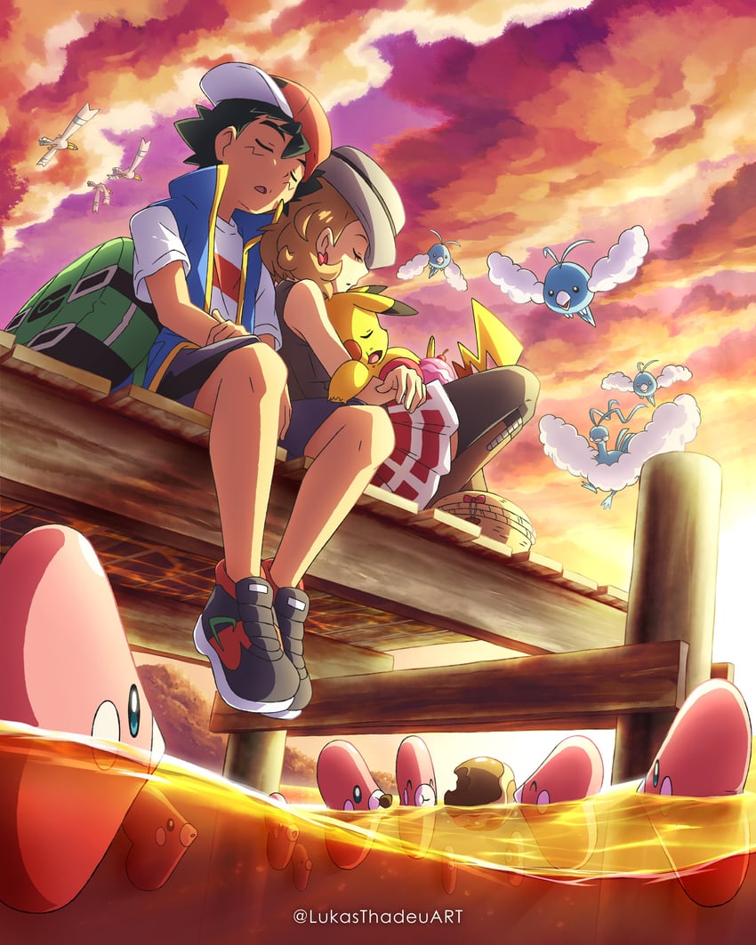 pikachu, ash ketchum, serena, altaria, wingull, and 2 more (pokemon and 1 more) drawn by lukas_thadeu
