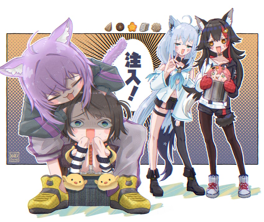 shirakami fubuki, nekomata okayu, sakura miko, ookami mio, and oozora subaru (hololive) drawn by a_hiru_duck