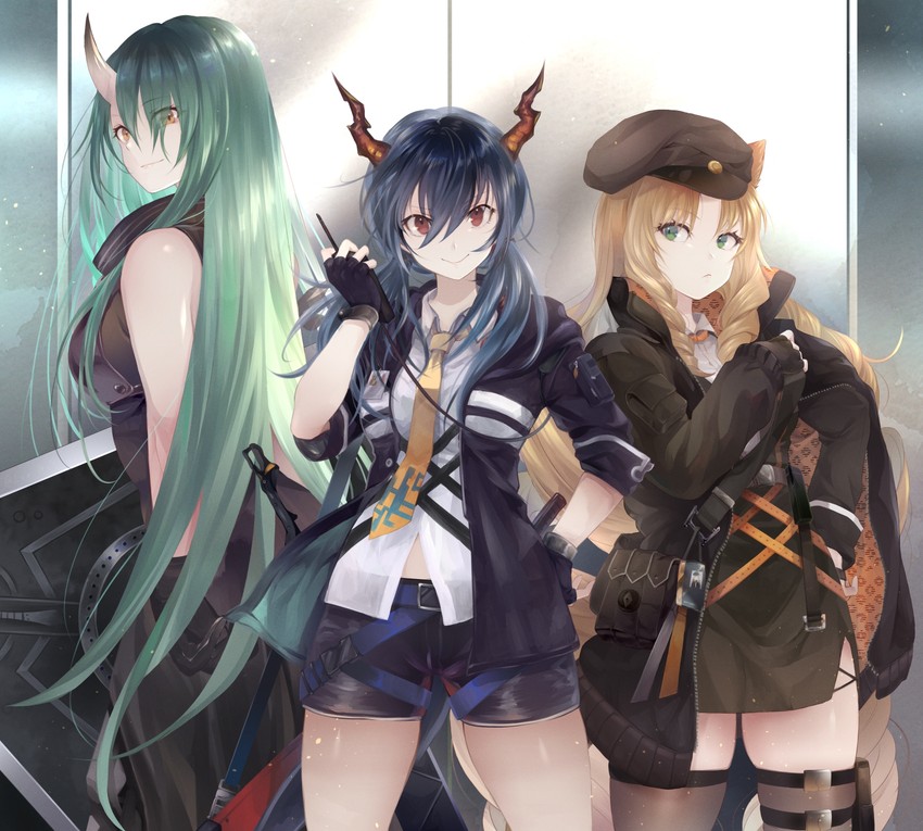 ch'en, hoshiguma, and swire (arknights) drawn by yue_(lov_n_n)