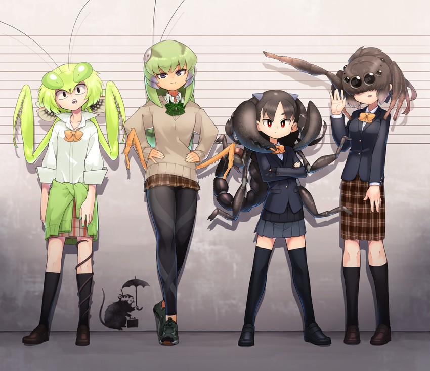 mantis akiyama, grasshopper inoue, scorpion tsuchida, and spider itou (original and 1 more) drawn by evolvingmonkey