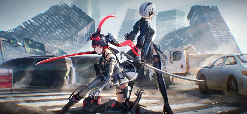 2b, lucia, lucia: dawn, and ishikawa yui (nier and 2 more) drawn by qnzy