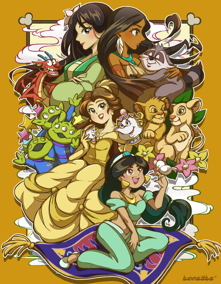 jasmine, belle, fa mulan, pocahontas, alien, and 6 more (disney and 6 more) drawn by ame_(tameste)