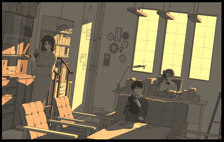 ryougi shiki, aozaki touko, and kokutou mikiya (kara no kyoukai) drawn by enoharatoki
